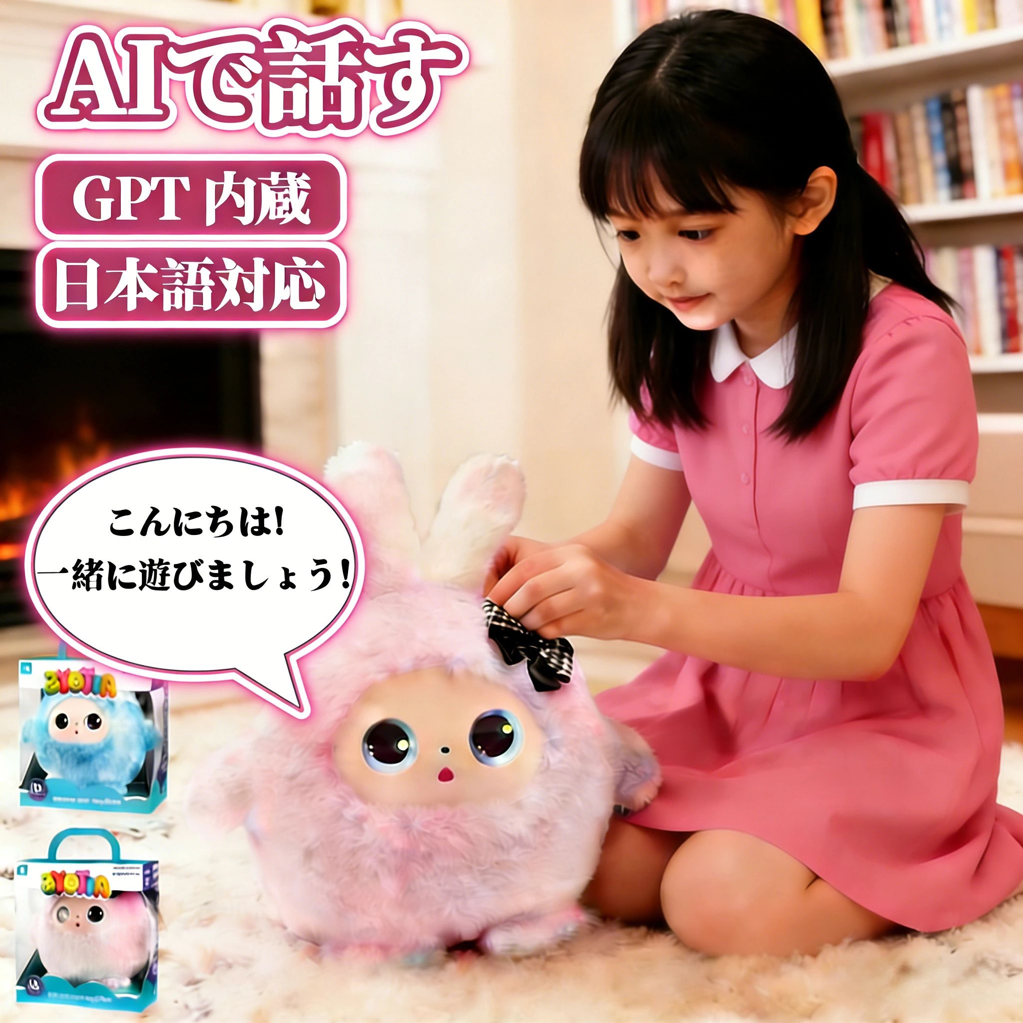 商品情報商品スペック詳細商品名 AIおしゃべりぬいぐるみ（ChatGPT搭載モデル）サイズ 33×30×15cmカラー ピンク / ブルー / ホワイト（全3色）対象年齢 3歳以上（小学生・大人の方の癒やしペットとしても人気）素材 ポリエステル（高品質もふもふ生地・抜け毛防止加工）、シリコン充電方式 USB Type-C（フル充電まで約2時間）対応機能 11ヶ国語対応、ChatGPT連携、専用無料アプリ（日本語対応）保証期間 お届けから1年間のメーカー保証※ご購入前に必ずご確認ください1.本製品の使用にはWi-Fi環境およびスマートフォンへの専用アプリ（無料）のインストールが必要です。2.AIの回答は、大規模言語モデル（ChatGPT）に基づいています。常に100%正確な回答を保証するものではありません。 メーカー希望小売価格はメーカーサイトに基づいて掲載しています メーカー希望小売価格はメーカーサイトに基づいて掲載しています メーカー希望小売価格はメーカーサイトに基づいて掲載しています＼次世代 AIロボット／ おしゃべり ぬいぐるみ ChatGPT搭載 電動ロボット おもちゃ インテリジェント 11言語対応 日本語 アプリ連? 音声認識 知育 玩具 子供 贈り物 誕生日 ギフト 1年保証 3歳以上 小学生 電池不要 ＼1年保証／ 電子ペット AI ぬいぐるみ おしゃべり ChatGPT 知育玩具 英会話 11ヶ国語対応 子供 子ども 遊び 室内 小学生 男の子 女の子 誕生日プレゼント クリスマス こどもの日 ギフト 商品スペック詳細商品名 AIおしゃべりぬいぐるみ（ChatGPT搭載モデル）サイズ 33×30×15cmカラー ピンク / ブルー / ホワイト（全3色）対象年齢 3歳以上（小学生・大人の方の癒やしペットとしても人気）素材 ポリエステル（高品質もふもふ生地・抜け毛防止加工）、シリコン充電方式 USB Type-C（フル充電まで約2時間）対応機能 11ヶ国語対応、ChatGPT連携、専用無料アプリ（日本語対応）保証期間 お届けから1年間のメーカー保証※ご購入前に必ずご確認ください本製品の使用にはWi-Fi環境およびスマートフォンへの専用アプリ（無料）のインストールが必要です。AIの回答は、大規模言語モデル（ChatGPT）に基づいています。常に100%正確な回答を保証するものではありません。 5