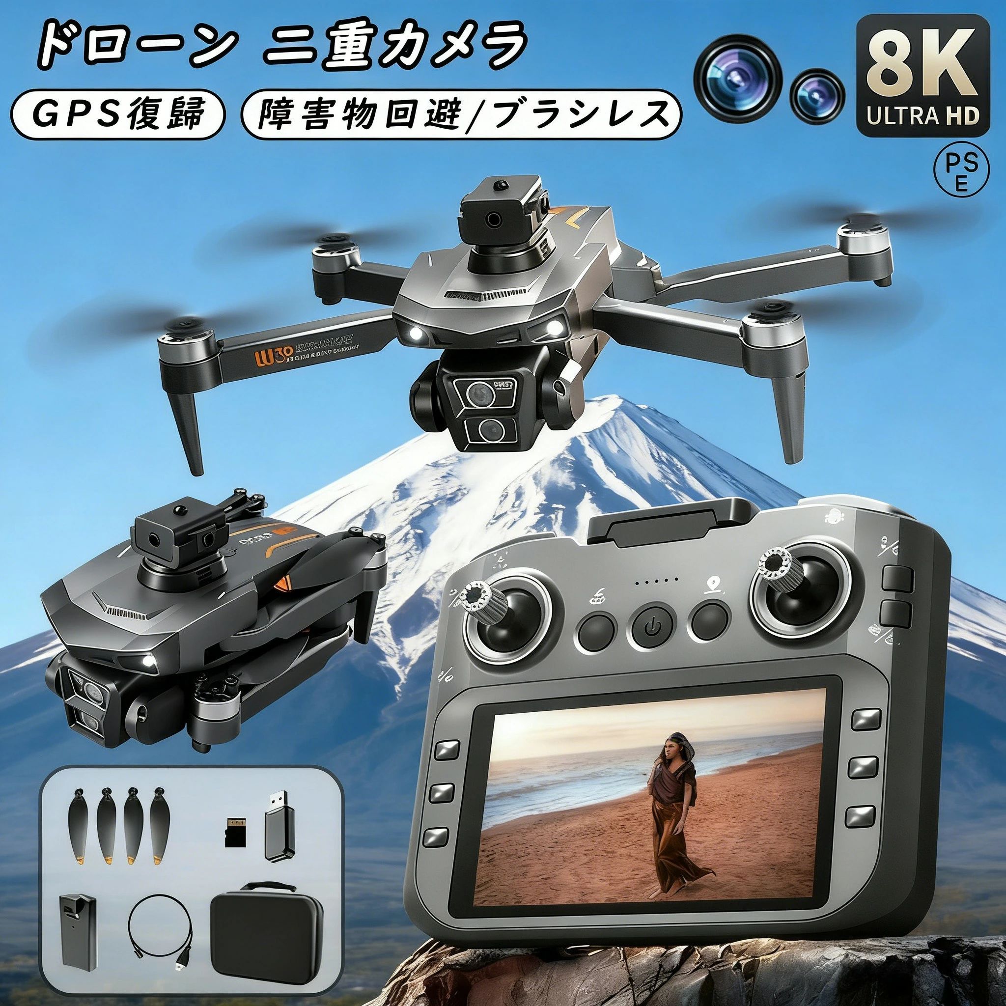 商品情報重量約1100g（外箱も含めて）単体重さは約760g使用時間バッテリー1個の場合：20分；バッテリー3個合計：60分機体バッテリー3.7V 2000mAh充電時間約100分送信機操作距離150m（障害物なし、干渉なし）リアルタイム距離100m（信号干渉なし）対応TFカードClass10以上；32G；FAT32対象年齢14歳以上【パッケージ内容】機体*1、送信機*1、バッテリー*1、充電ケーブル*1、予備プロペラ*4、ドライバー*1、日本語説明書*1【8Kカメラ】8Kの高解像度カメラを搭載し、鮮明でクリアな映像を提供します。120°広角と90°調節可能なカメラ角度で、飛行時の撮影体験を最適化します！さらに、最大32GのTFカードに対応しており、美しい景色を保存することができます。【60分利用時間】パッケージには1個のモジュラー電池が付属しており、充電完了後、バッテリー1個の連続使用できる時間は20分であり、3個のバッテリーを合計すると60分使用できます。【リターンモード】3種のリターンモードがあり、安全で安心な飛行体験を提供します。ワンキーリターン：リターンボタンを押すだけで、ドローンは自動的に記録されたホームポイントに戻ります；低電圧リターン：低電圧時には自動的にリターンモードに入り、ドローンも自動的にホームポイントに戻ります；フェールセーフリターン：ドローンと送信機の接続が6秒以上途切れた場合、ドローンも自動的にリターンします。ドローンの紛失の可能性を大幅に減らすことができます。【多機能実現】小さながらも多機能を備えています。コンパクトなボディには、フォローミーモード、ウェイポイントモード、サークルモードなど、さまざまな機能があります。ドローン操作の楽しさを増すだけでなく、さまざまな撮影アングルや映像トラックを提供することもできます。 メーカー希望小売価格はメーカーサイトに基づいて掲載しています メーカー希望小売価格はメーカーサイトに基づいて掲載しています メーカー希望小売価格はメーカーサイトに基づいて掲載していますドローン 小型 100g未満 カメラ付き GPS搭載 二重カメラ 初心者向け ドローン ブラシレスモーター 動画撮影 子供向け 収納ケース 全面的な障害回避 高画質HD 高画質 高性能 折り畳み式 子供 誕生日 プレゼント 知育玩具 初心者向け 高度維持 軌跡飛行モード 収納ケース付き 撮影 大人 学生 お祝い 誕生日 プレゼント スクリーン付き クリスマス 新年 誕生日 贈り物 5
