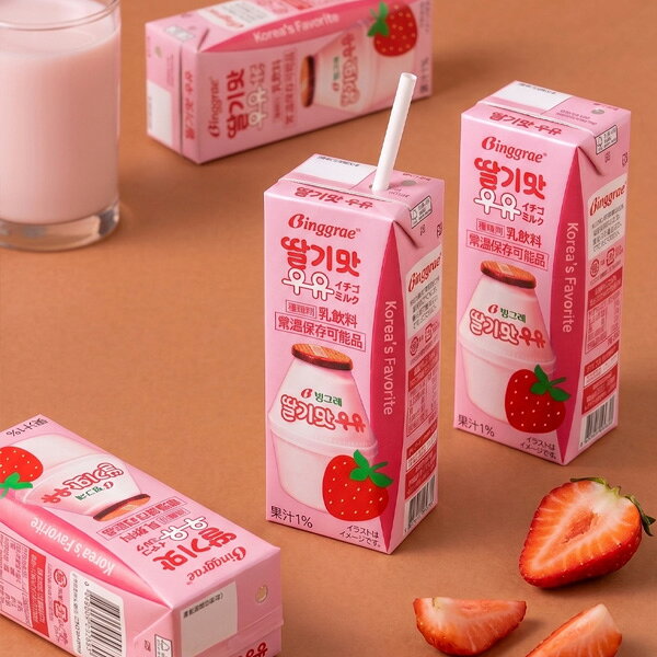 Good Korea Martの[ビングレ] バナナミルク イチゴミルク 1箱+1箱セット / 2箱(200ml×48個) 2種味 Binggrae バナナ牛乳 苺牛乳 韓国バナナ牛乳 バナナウユ 韓国で大人気 甘いビングレミルク 癒し系乳飲料 箱売り｜アングル3
