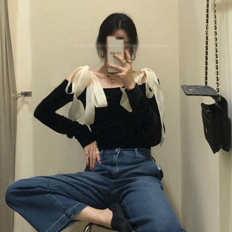かわいいリボン肩ひも！オフショルダー ニット レディース トップス カットソー 長...