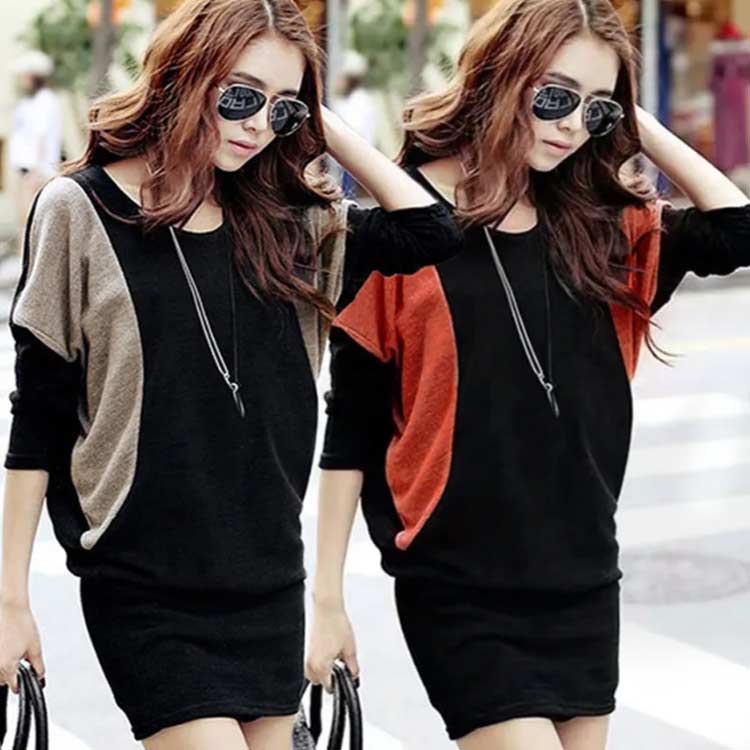 チュニック ドルマンスリーブ レディース カットソー 長袖 ストレッチ ロング丈 Tシャツ シンプル ゆったり バイカラー カジュアル トップス 春 体型カバー 20代 30代 40代 50代 M L XL 2XL