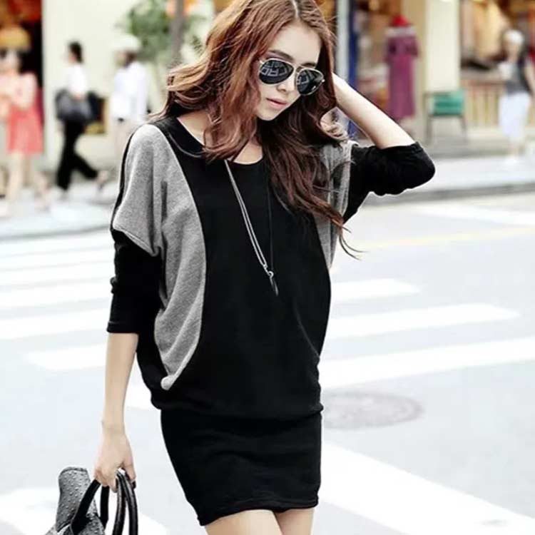 チュニック ドルマンスリーブ レディース カットソー 長袖 ストレッチ ロング丈 Tシャツ シンプル ゆったり バイカラー カジュアル トップス 春 体型カバー 20代 30代 40代 50代 M L XL 2XL