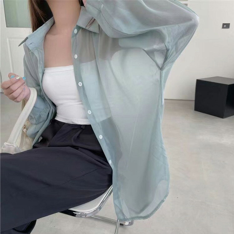 全12色 光沢 シアーシャツ レディース 紫外線対策 ロングシャツ きれいめ シアートップス シフォンシャツ 長袖シャツ 春 肌見せ 重ね着 透け感 韓国ファション カーディガン 夏 冷房対策 体型カバー 日焼け止め S M L XL agep-shop-10001230 agep-shop サンプル画像2