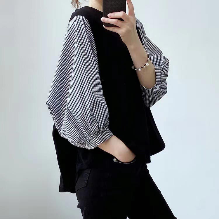 ブラウス レディース トップス 七分袖 クールネック シャツ ゆったり 着痩せ 春夏秋 切り替え チェック柄 ストライプ カジュアル 普段着 通勤 オフィス お洒落 体型カバー 柔らかい 送料無料