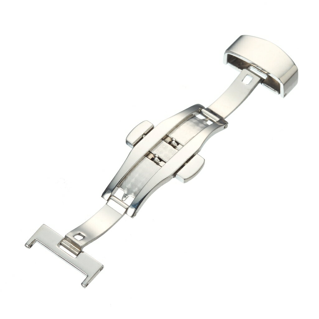 ツヤのある上品なメッキ加工を施したワンプッシュ機能付きDバックルです。 取り外した時に見える内部のデザインにもこだわりました。 どんな時計にもマッチするスタンダードタイプです。 バックル形状：観音開きDバックル(サイドプッシュ式) 尾錠幅: 22mm