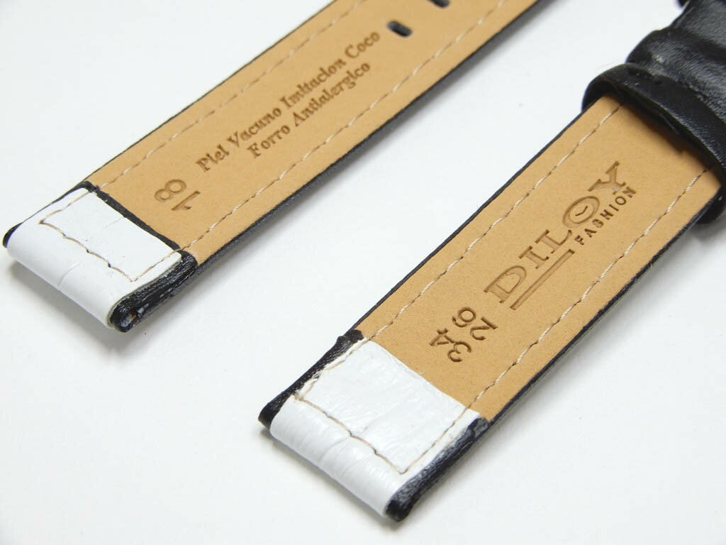 腕時計 ベルト 本革 カーフスキン 18mm クロコダイル型押し レザー バンド Diloy 340ファッション ホワイトxブラック