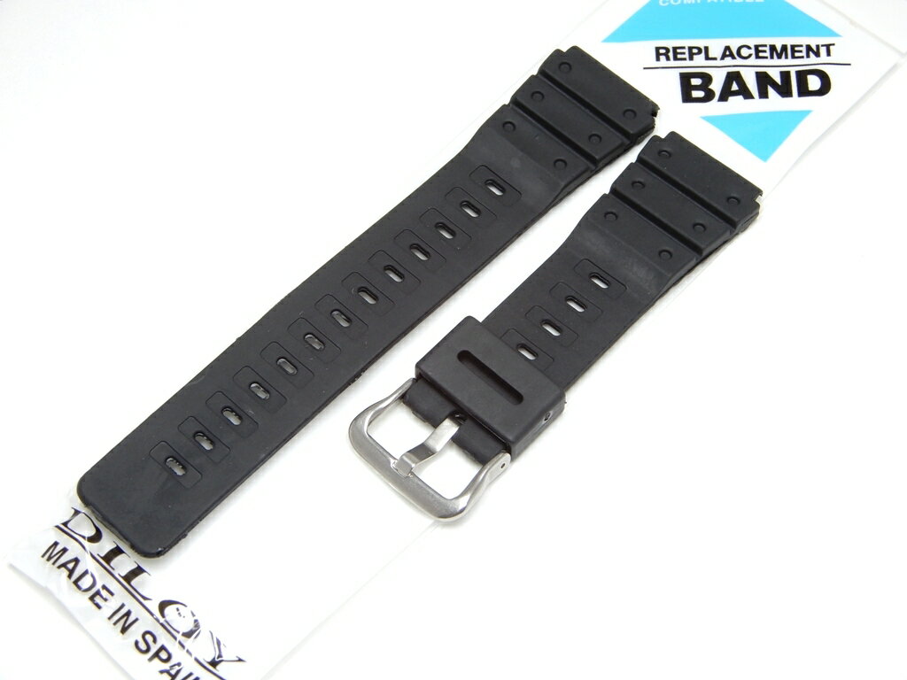 1982年創業、スペインの時計ベルトブランド、Diloy(ディロイ) カシオのリペアストラップをヨーロッパで最初につくり始めた歴史ある企業です。 *当店はDiloyブランド正規取扱店です。 特徴: ベルト素材はカシオ、その他ブランドが使用しているポリウレタン樹脂製 バックルはステンレスを使用 尾錠取付ピンは金属製 互換: DBW320, MD501, TGW100, WL10、他 カシオ、その他メーカーの腕時計と互換性があります。 購入前に取付部、ラグ形状をご確認下さい。 仕様: ・表面/裏面: ポリウレタン樹脂製 ・バックル: ステンレス ・幅:18mm(最大24mm) ・厚さ: 3mm ・長さ: 125x75mm