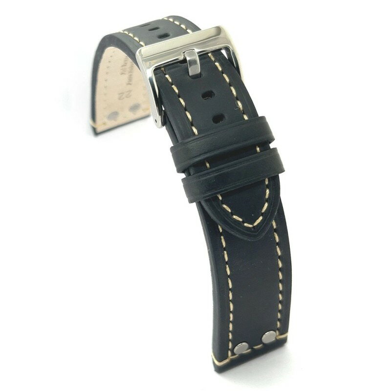 Rakuten - Diloy 腕時計 ベルト 18mm オイルドカーフレザー アビエータースタイル リベット付き 本革 ブラック