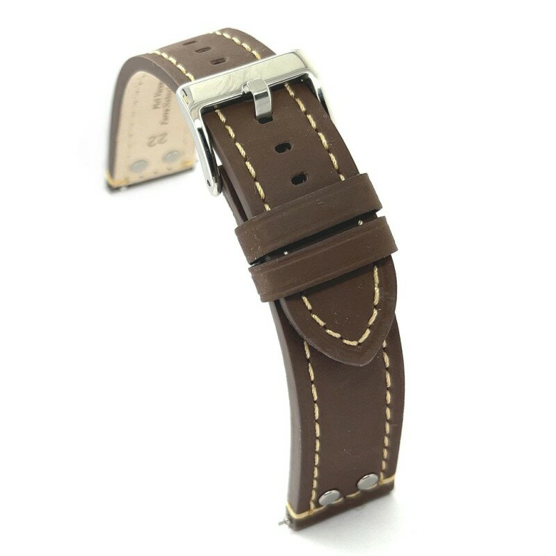 Rakuten - Diloy 腕時計 ベルト 22mm オイルドカーフレザー アビエータースタイル リベット付き 本革 ダークブラウン