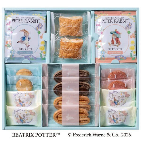 ●スペシャルブレンドコーヒー6g×3、オリジナルブレンドコーヒー6g×3、スクエアパイ×2、ミルククッキー×2、ストロベリーチーズクッキー×2、メリーパイ（メープル）×2、メリーパイ（ショコラ）×2、メレンゲスノウ（ショコラ）×4●箱33.5×29.5×4.0cm（コーヒー：ブラジル、パプア・ニューギニア、コロンビア他、その他：日本製）●賞味期限／120日（製造日より）お客様へのお願いと注意事項※のし対応商品はのしにお名前をお入れします。名入れ対応商品をご注文のお客様は、ご注文最終の備考欄に必ず名入れするお名前をご記入・ご入力ください。※熨斗のつけ方は原則【内のし】とさせていただいております。予めご了承ください。※送付先が下記の場合、送料がかかります。商品1個につき北海道500円（税抜）、沖縄県1,000円（税抜）がかかります。予めご了承ください。ご注文後、当店からのメールが来ない方へのお知らせシリーズ商品はこちら絵本の中から飛び出してきたような、やさしさとぬくもりに包まれた贈りもの。ピーターラビットの愛らしい世界観をそのままに、香り豊かなコーヒーと、心ほどけるスイーツを詰め合わせました。森の中で過ごす午後のように、穏やかでやさしい時間を演出します。かわいらしいパッケージは、見た瞬間に笑顔がこぼれるデザイン。大切な人へのギフトにも、自分へのご褒美にもぴったりです。