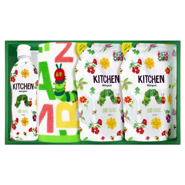 ●食器洗剤本体250ml、食器洗剤詰替200ml×2、フェイスタオル(約34×75cm・綿100%)●箱205×345×55mm（日本製・タオルのみ中国製）お客様へのお願いと注意事項※のし対応商品はのしにお名前をお入れします。名入れ対応商品をご注文のお客様は、ご注文最終の備考欄に必ず名入れするお名前をご記入・ご入力ください。※熨斗のつけ方は原則【内のし】とさせていただいております。予めご了承ください。ご注文後、当店からのメールが来ない方へのお知らせシリーズ商品はこちら30ケ国語以上に翻訳され、世界で3.300万部を超えるミリオンセラーとなっているアメリカの絵本作家エリック・カール作の「はらぺこあおむし」美しい色彩や楽しい仕掛けなど魅力満載の絵本の世界をギフトセットにしました。