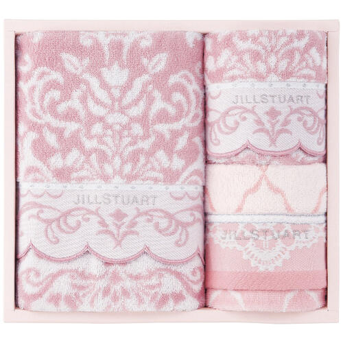 ●バスタオル（約60×120cm）×1、フェイスタオル（約34×75cm）×1、ウォッシュタオル（約34×35cm）×1：綿100％（スリット糸使用）●箱31×29×9cm（ベトナム製）※モニターの発色具合によって、商品の色が異なって見える場合がございます。予めご了承ください。お客様へのお願いと注意事項※のし対応商品はのしにお名前をお入れします。名入れ対応商品をご注文のお客様は、ご注文最終の備考欄に必ず名入れするお名前をご記入・ご入力ください。※熨斗のつけ方は原則【内のし】とさせていただいております。予めご了承ください。※送付先が下記の場合、送料がかかります。商品1個につき北海道500円（税抜）、沖縄県1,000円（税抜）がかかります。予めご了承ください。ご注文後、当店からのメールが来ない方へのお知らせシリーズ商品はこちらジルスチュアートの新作をあの方へ。エレガントだけれども可愛いタオルギフトが登場しました。