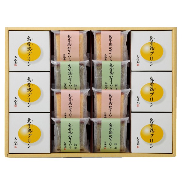 ●烏骨鶏かすていら個包装(プレーン）×4、烏骨鶏かすていら個包装（抹茶）×4、プリン×6●箱37.5×28.5×3.5cm（日本製）●賞味期限/30日（製造日より）※当商品は受注発注商品となります。お届けまでに日数がかかりますこと予めご了承くださいませ。お客様へのお願いと注意事項※のし対応商品はのしにお名前をお入れします。名入れ対応商品をご注文のお客様は、ご注文最終の備考欄に必ず名入れするお名前をご記入・ご入力ください。※熨斗のつけ方は原則【内のし】とさせていただいております。予めご了承ください。※送付先が下記の場合、送料がかかります。商品1個につき北海道500円（税抜）、沖縄県1,000円（税抜）がかかります。予めご了承ください。ご注文後、当店からのメールが来ない方へのお知らせシリーズ商品はこちら金沢市や都内百貨店などの直営店10店舗を構える烏骨鶏の専門店「烏鶏庵（うけいあん）」。自社農場で丁寧に飼育した烏骨鶏の希少な卵を贅沢に使用したギフトをお届けします。