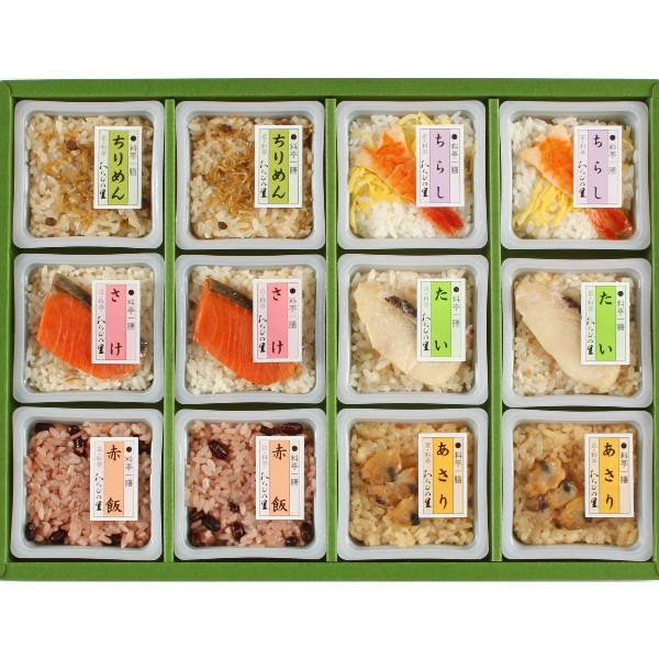 ●赤飯(90g)×2、ごましお（付属）（1.0g）×2、鮭ごはん(紅鮭1切、御飯90g)×2、鯛ごはん(真鯛1切、御飯90g)×2、あさりごはん（あさち3粒、御飯90g）×2、ちらし寿司(90g)×2、ちりめんごはん(90g)×2●箱25.7×35.0×5.5cm（日本製）●賞味期限／75日（製造日より）お客様へのお願いと注意事項※のし対応商品はのしにお名前をお入れします。名入れ対応商品をご注文のお客様は、ご注文最終の備考欄に必ず名入れするお名前をご記入・ご入力ください。※熨斗のつけ方は原則【内のし】とさせていただいております。予めご了承ください。※送付先が下記の場合、送料がかかります。商品1個につき北海道500円（税抜）、沖縄県1,000円（税抜）がかかります。予めご了承ください。ご注文後、当店からのメールが来ない方へのお知らせシリーズ商品はこちら電子レンジで1分、とても簡単で便利なご飯の詰合せ。うるち米ともち米をブレンドし、今までのご飯（うるち米10割）より食感を柔らかくし、食べやすくしております。京都の料亭らしく、華やかな一品をお届けします。
