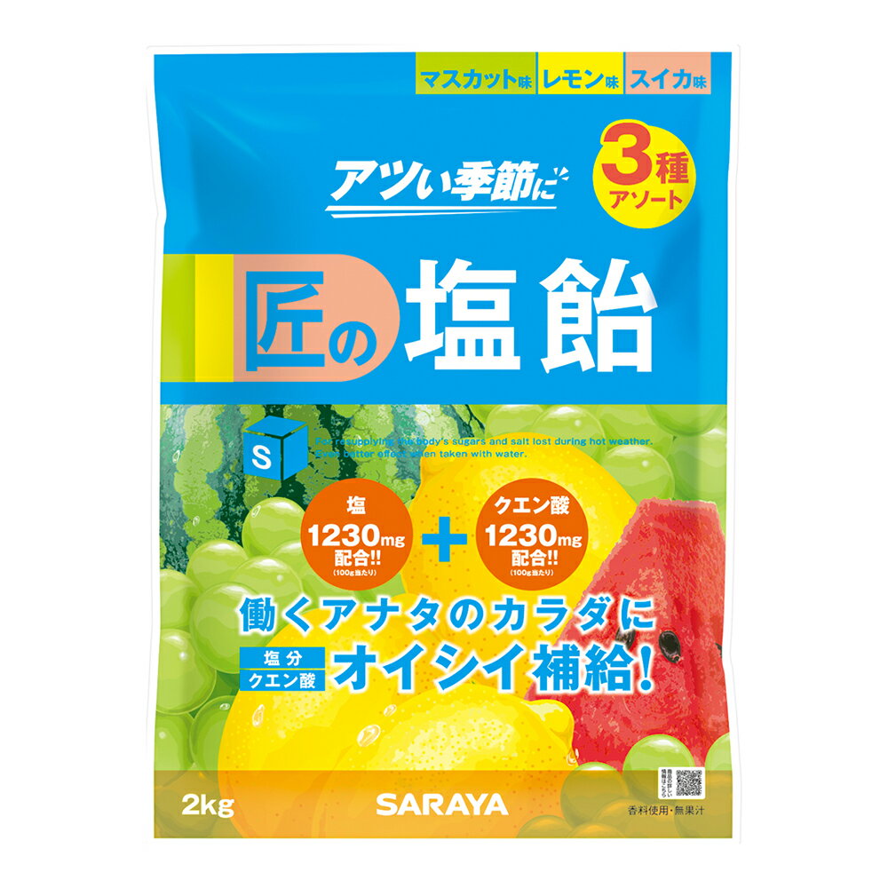 【サラヤ】匠の塩飴 2kg 3種アソート レモン マスカット スイカ 熱中症対策 SARAYA アメ 塩分補給 クエン酸【p-up】