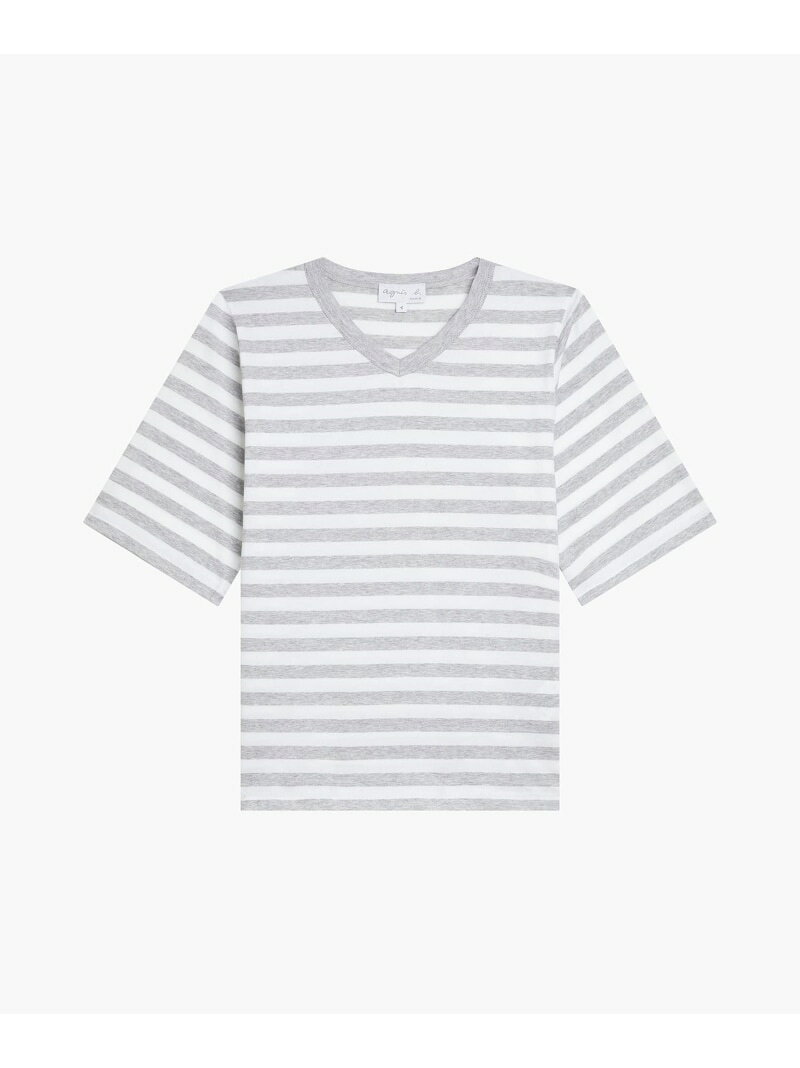 Rakuten - 細ボーダー コットン Vネック 半袖 Tシャツ 