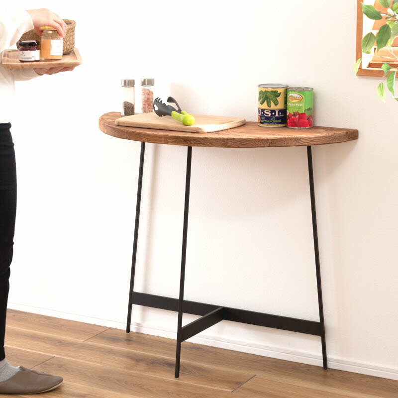 コンソール WE-892 テーブル 木製 幅83cm コンソール 天然木 無垢 パイン 古材 半円 三日月型 バックカウンター ソファ裏 ソファー 後ろ アイア...