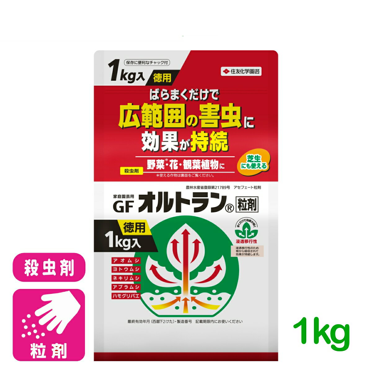 商品情報有効成分アセフェート容量1kg剤型粒剤商品特長 吸汁性害虫（アブラムシ等）及び食害性害虫（ヨトウムシ、アオムシ等）に効果のある浸透移行性殺虫剤です。効果が持続しますので、広範囲の園芸害虫の防除に適しています。散粒容器入りですので手を汚すことなく手軽に使用できます。【200g】 適用害虫と使用方法 ※印は収穫物への残留回避のため、本剤及びその有効成分を含む農薬の総使用回数の制限を示します。作物名適用害虫名使用量使用時期総使用回数※使用方法きくヨトウムシ類、ネキリムシ類、ハモグリバエ類6g／m2発生初期5回以内株元散布アブラムシ類、アザミウマ類3〜6g／m2宿根スターチスヨトウムシ類、コガネムシ類幼虫6g／m2カーネーションヨトウムシ類、コナガアブラムシ類、アザミウマ類3〜6g／m2アリウムヨトウムシ類、ネギコガ6g／m2花き類・観葉植物（きく、宿根スターチス、カーネーション、アリウムを除＜）アブラムシ類、アザミウマ類3〜6g／m2ヨトウムシ類6g／m2芝スジキリヨトウ、シバツトガ10g／m2全面散布タマナヤガ5〜10g／m2きゅうり、なすアブラムシ類、アザミウマ類、オンシツコナジラミ3〜6g／m2（1株当り1〜2g）定植時1回植溝散布又は植穴処理トマトアブラムシ類、オンシツコナジラミピーマンアブラムシ類1株当り2g株元散布キャベツ6g／m2育苗期本剤：1回アセフェート：2回以内(定植時までの処理は1回以内、定植後の散布は1回以内)散布アザミウマ類6g／m2（1株当り2g）定植時植穴処理アオムシ、コナガ、ヨトウムシ、アブラムシ類3〜6g／m2（1株当たり1〜2g）1回はくさい3〜6g／m2（1株当たり1〜2g）なばな類アブラムシ類6g／m2植溝土壌混和は種時播溝土壌混和こまつなは種前ブロッコリーヨトウムシ、アザミウマ類6g／m2（1株当り2g）定植時株元散布だいこんアオムシ、コナガ、アブラムシ類3〜4g／m2は種前植溝散布かぶアブラムシ類4g／m2収穫21日前まで株元散布ばれいしょ3〜6g／m2（1株当り1〜2g）植付時本剤：1回アセフェート：3回以内(植付時の処理は1回以内、植付後は2回以内)植溝散布えだまめハスモンヨトウ3〜6g／m2収穫21日前まで3回以内生育期株元散布つつじ類ツツジグンバイ12g／m2発生初期5回以内株元散布さくら（幼木）ケムシ類生育期●散布は一ヵ所に集中せず均一に散布してください。●200g入ボトルは、容器を上下に軽く4〜5回振りますと約1gの散布量になります。効果・薬害等の注意 1.土壌が極度に乾燥している時は使用しないでください（効果）。&nbsp;2.芝のスジキリヨトウ、シバツトガ及びタマナヤガの防除に使用する場合、散布後1m2当り0．5〜1．0Lの散水を行ってください（効果）。3.適用作物群に属する作物またはその新品種に本剤をはじめて使用する場合は、使用者の責任において事前に薬害の有無を十分確認してから使用してください。なお、病害虫防除所または販売店等と相談することが望ましいです。 安全使用上の注意 1.体調のすぐれない時は散布しないでください。2.眼に入らないように注意してください。眼に入った場合には直ちに水洗し、眼科医の手当を受けてください（刺激性）。3.散布中や散布当日は散布区域に小児やペットが立ち入らないように配慮してください。4.使用後の空容器は3回以上洗浄してから【200gボトル入】、空袋は良くたたいて中身を完全に出してから処理してください。5.間引き菜、つまみ菜に使用しないでください。6.みずかけな（水掛菜）、カラー及び花はすに使用する場合は、ほ場内に水がない状態で使用してください。また、使用後14日間は入水しないでください。7.ミツバチ及び蚕に影響がありますので注意して使用してください。治療法：硫酸アトロピン製剤及びPAM製剤の投与が有効です（動物実験で報告）。魚毒性：通常の使用方法では問題ありません。検索キーワード家庭菜園 ガーデニング 園芸 殺虫剤 害虫 野菜 草花オルトラン粒剤 1kg 住友化学園芸 ばらまくだけで広範囲の害虫に効果が持続！ 2