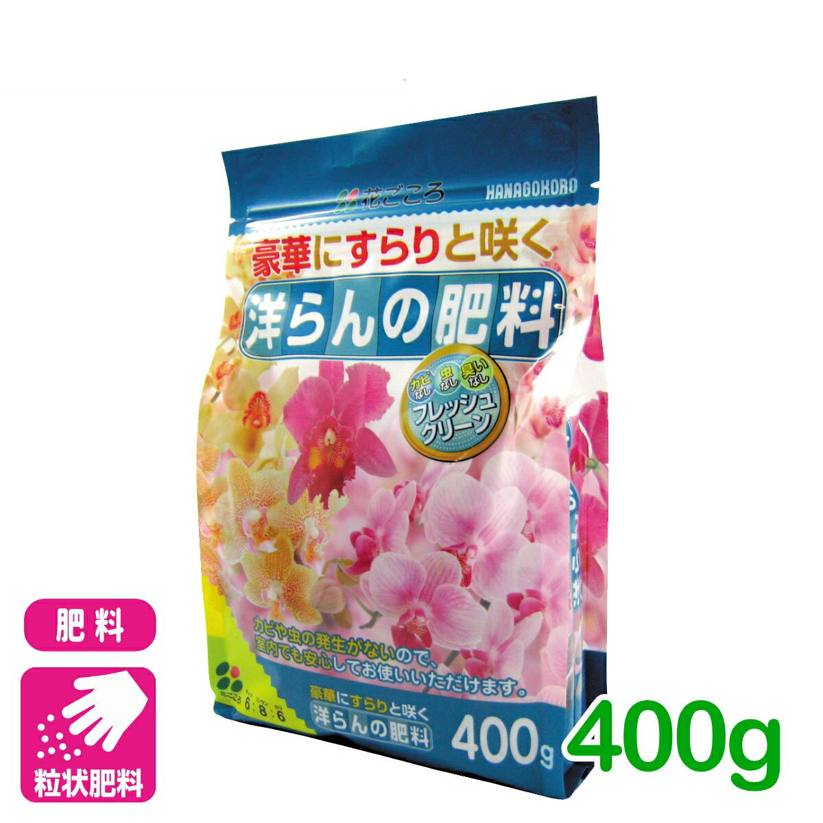 商品情報成分チッソ(N)6: リンサン(P)8: カリ(K)6サイズ400g用途洋ラン特徴■花芽の付きを良くするリン酸成分が多く含まれています■効き目がおだやかなので、生育がゆっくりとした洋らんに適しています■カビや虫の発生がないので、室内でも安心してお使いいただけます検索キーワード：洋ラン シンビジウム ガーデニング 肥料 初心者向け ビギナー向け洋らんの肥料 400g 花ごころ 洋ランの花芽の付きを良くするリン酸成分を多く配合！ 2
