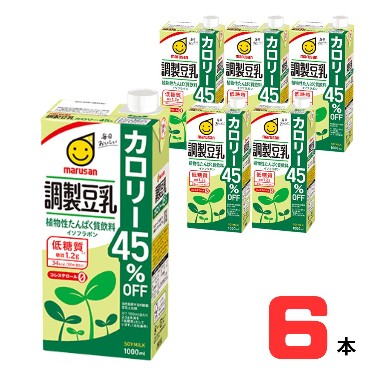 調製豆乳 カロリー45％オフ 1000ml マルサンアイ株式会社 すっきりとした飲み口で毎日飲んでも飽きない、低糖質※・コレステロール0の調製豆乳です。当社国産大豆の調製豆乳に比べ、カロリーを45%抑えました。 ※100ml当たり2.5g未満を「低糖質」としています。（当社基準） 商品基本情報 商品名 調製豆乳 カロリー45％オフ 参考小売価格 335円（税抜） 内容量 1000ml 大豆固形分 6%以上 賞味期間 180日 JANコード 4901033630690 保存方法 直射日光や高温多湿を避けて保存してください。 原材料 大豆（アメリカ、カナダ）、食塩／乳酸カルシウム、甘味料（アセスルファムカリウム、スクラロース）、香料※主原料の大豆は遺伝子組換えのものと分けて管理したものを使用しています。 アレルゲン情報 大豆 栄養成分（100ml当たり） エネルギー 34 kcal たんぱく質 2.8g 脂質 2.0g - 飽和脂肪酸 0.3g コレステロール 0mg 炭水化物 1.4g - 糖質 1.2g - 食物繊維 0〜0.5g 食塩相当量 0.2g イソフラボン 28mg 商品の特徴 カロリーオフ豆乳シリーズ もともとノンコレステロールの豆乳から、さらにカロリーと糖質を抑えた低糖質の調製豆乳・豆乳飲料です。定番の調製豆乳から人気のフレーバー豆乳飲料まで、カロリーや糖質を気にせずおいしく味わえて、豆乳の栄養素もしっかり摂取できます。
