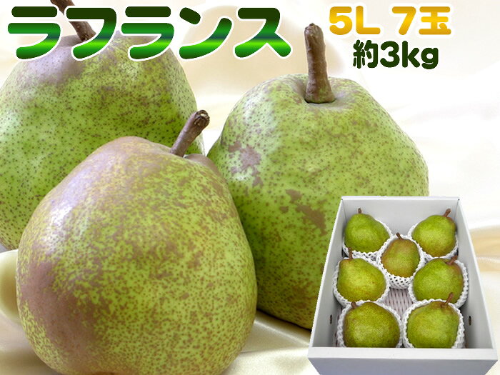 2019/1/31より当店でも 後払い決済 をご利用頂けます。 内容量 ラフランス　5L以上7玉約3kg 保存方法 ラ・フランスは追熟が必要です。 ”しおり”を同梱いたしますので、ご参考ください。 常温にて追熟してからお召し上がりください。&nbsp; ※軸まわりが指で押して後が付くくらいに柔らかくなり香りが出て来たら食べ頃&nbsp;です。 2〜3時間冷やしてお召し上がりいただきますと一層美味しくなります。 追熟後は冷蔵庫に入れ、2〜3日中にお召し上がりください。&nbsp; 常温では追熟が進行&nbsp;してしまいますので、保存させたい場合は到着後すぐに冷蔵庫に入れてください。 原材料 山形県産ラフランス 備考 ・果肉果汁たっぷりです。 ・他商品との同梱不可です。 ・配達方法は常温配達でございます。2019年1月31日より当店でも 後払い決済 をご利用頂けます。 ●注意事項 ・発送はご注文順次となります。 ・基本的には配達希望日は非対応となりますことをご了承ください。 ご質問・ご要望等がございましたら、お気軽にご連絡ください。 日中は畑に出ておりますので、メールにてご連絡いただければ光栄です。