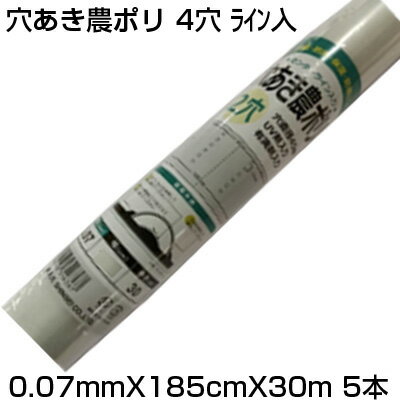 個人宅配送OK シンセイ 穴あき農ポリ 4穴 ライン有 0.07mm X 185cm X 30m X 5本 農業資材 家庭菜園 トンネル 有孔 換気 風よけ 霜よけ 保温