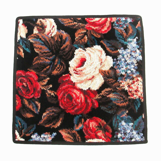 FEILER フェイラー ハンカチ シュニール織 コーンウォール 黒ふち 赤白バラ茶色葉っぱ CORNWALL BLACK 010