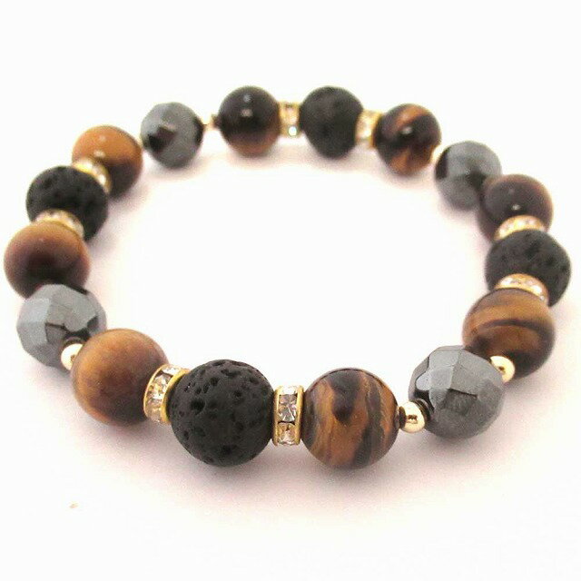 溶岩石 天然石ブレスレット 溶岩石(ラヴァストーン)10mm玉&タイガーアイ10mm玉ヘマタイト10mm玉 ブレスレット SA002BKYE