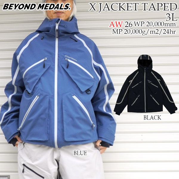 【正規代理店商品】 ●BRAND : BEYOND MEDALS ビヨンドメダル ●品　名 : X JACKET TAPED 3L エックスジャケット ●カラー : BLACK/ BLUE ●サイズ : S/ M/ L/ XL X JACKET TAPED 3L 3-Layer Shell jacket Shell fabri 100% Recycled Polyester Breathability 20.000 gsm/24h Waterproof 20.000mm Stretch Light 2-way stretch Coating PFC Free DWR finish 3層構造のパッドなしジャケット。 ゆったりとしたフィット感。 表地：リサイクルポリエステル100%。 快適な着心地を実現するフルライニング。 耐水圧20,000mm。 高い透湿性。 PFCフリーの耐久撥水加工。 フルシームテープ加工。脇下メッシュベンチレーション。 防水仕様の主要ジッパー。 胸とウエストにジッパー付きベローズポケット。 メディアホール付き内側ジッパーポケット。 手袋やゴーグル用の内側メッシュポケット。 上腕部に袖ポケット。 パンツに取り付け可能な取り外し式スノーゲイター。 裾と袖丈調節機能。双方向調節可能なフード。 サムホール付きストレッチカフス。 胸とフードにプリント。 26-27 BEYOND MEDALS X JACKET TAPED 3L ビヨンドメダルズ エックスジャケット テープド 3L スノーボードウェア シェルジャケット フリーライド パーク オールマウンテン 防水透湿 メンズ レディース 2026 2027