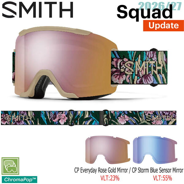 【正規代理店商品】 ●BRAND : SMITH スミス ●品 名 : SQUAD スカッド ●ベルト : Iris Pham AC ●ベルト幅 : 43mm ●レンズ : Everyday Rose Gold Mirror(VLT:23%) / CP Storm Blue Sensor Mirror(VLT:55%) レンズ2枚付属 ●サイズ : ミディアムフィット UPDATE 26-27 SMITH SQUAD 王道Squadを“現代基準”へフルアップデート。 広がったレンズ幅とよりフレームレスなデザインが、視界も存在感もワンランク上へ。 性能を高めたストラップシステムで調整はよりスムーズに。 改良されたResponsive Fitと3レイヤーフェイスフォームが、理想的なミディアムサイズの“包まれるフィット”を実現。 もちろんレンズ交換システムも改良され、どんなコンディションでも即対応可能に。 今までのSquadの魅力を残しながら全ての機能をフルアップデートさせた最も提案しやすい万能モデルです。 ※デザインリニューアルにより25/26 以前のモデルとのレンズ互換性はありません。 Cylindrical Series Technology VISION+FIT + 金型成型ポリカーボネイト素材の平面カーボニックXレンズ採用 + レンズの見え方のゆがみを矯正する、偏心加工をアウターレンズに採用 + 曇りの原因となる水分をインナーレンズ内部に閉じ込めるFog-Xトリートメント加工 + 肌触りがいい3層のドライウィックス・フェース・フォーム採用 + Low Bridge Fit （ASIA Fit） AND MORE + ウルトラワイド・ストラップ（ズレ防止の裏側シリコン加工） + デュアル・サイドアジャストメント・ストラップ + レスポンシブ・フィット・フレームデザイン + マイクロファイバー素材ゴーグルバック付属 SIZE + Squad ミディアムフィット 26-27 SMITH SQUAD スミス スカッド IRIS PHAM AC CP EVERYDAY ROSE GOLD MIRROR CP STORM BLUE SENSOR MIRROR ゴーグル スノーボード スキー クロマポップ 平面レンズ Asia Fit 2026 2027