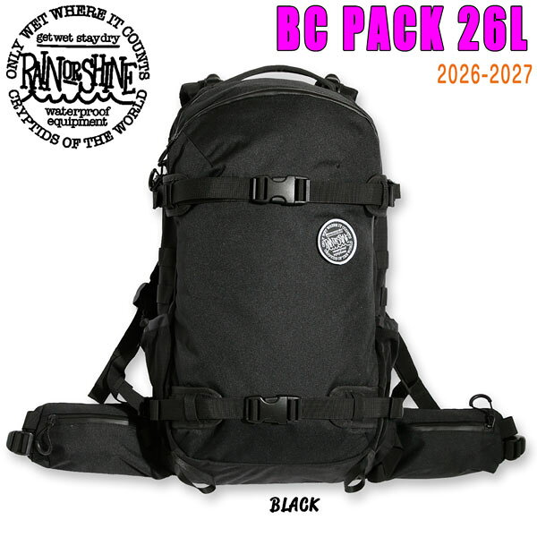 【正規代理店商品】 ●BRAND : RAIN OR SHINE レインオアシャイン ●品名 : BC PACK 26L バックカントリーパック ●カラー : BLACK ●サイズ : H55×W32×D15cm ●容量 : 約26L ●生地 : Recycle Polyester 600×900D , Nylon Cordura 500D BC PACK 26L 〇正面に装備されたアバランチギア収納スペースにはプローブ、シャフトのスリーブに加え、ブレードポケットを追加。 〇ボードを取り付けたまま本体へアクセスし易い背面アクセス、パネル裏にメッシュポケットを装備。 〇硬さの違うクッション材を採用した身体にフィットし易い立体ショルダーハーネス。 〇小物やスペアゴーグル収納に便利なバッグ上部のラウンドファスナーポケットはフリースライニングに変更、小物の収納に便利なジッパーポケットとキークリップを追加。 内側のファスナーを開けるとメインコンパートメントへアクセス可能 〇側面にはコンプレッションベルトとモールシステムベルトを装備。 〇持ち易いバッグ上部のクッション入り持ち手は芯材の厚さを2mmUP。 〇フィット感と安定感の高いウエストベルトハーネスには小物などの収納が可能なファスナーポケットを装備。 〇ショルダーハーネスが本体一体型仕様で高強度とフィット感の向上を実現。 〇ピッケルやポールの取り付け時に便利なピッケル・トレッキングポールループをバッグ側面に装備。 〇脱着可能なチェストベルトとジンバルホルダー。　 〇別売りのCHEST RIGを装着可能 26-27 RAIN OR SHINE BC PACK 26L レインオアシャイン ビーシーパック 26L バックカントリー バックパック CORDURA YKK AquaGuard