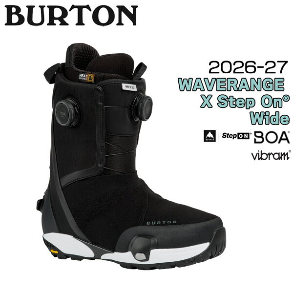 【正規代理店商品】 ●BRAND : BURTON バートン ●品　番 : 3029311A02WD ●品　名 : WAVERANGE X STEP ON WIDE ウェーブレンジ エックスステップオン ワイド ●カラー : BLACK ●サイズ : 6(24cm) 7(25cm) 7.5(25.5cm) 8(26cm) 8.5(26.5cm) 9(27cm) 9.5(27.5cm) 10(28cm) 10.5(28.5cm) 11(29.0cm) ※Step Onブーツは、Step On バインディング専用です。 26-27 Men's Waverange X STEP ON　Snowboard Boots プレイフルなフレックスと安定したコントロール性能を備え、Dual-Zone BOAによる精密なフィット調整を可能にしたモデル。 BOAダイヤル操作のインターナルアンクルハンモックが足首周りのホールド力を高め、Xにも新たにアンクルハンモックを搭載しサポート性能を強化。 フィットと一体感を、次のレベルへ Highshot、Waverange Xがアップデート 今回の進化は、フィットとホールド性能を軸に、足元の完成度を一段引き上げる内容だ。 内部アンクルハンモックを搭載し、かかと周 りの一体感を強化。 ブーツ内でのブレを抑え、 よりダイレクトなパワー伝達を実現する。 さらに新型ライナーを採用し、足型に沿うフィット感と快適性を向上。 長時間のライディングでも安定したホールドを維持し、繊細なボードコントロールをサポート。 加えて、BOA最新型H5ダイヤルを搭載。 締め上げたテンションを保ったまま微調整が可能となり、状況に応じたフィットの最適化がよりスムーズに。 足との一体感を高めることで、レスポンスと操作精度を底上げ。 より完成度の高いパフォーマンスブーツへと進化している。 ※ WOMEN'S モデルも同様にアップデート。 DETAIL: LINER: Aysm Imprint 3, DRYRIDE Heat Cycle Lining, Hook and Loop Closure, Ankle Hammock SHELL: Articulating Cuff, 1:1 Firm Flex PowerUP Tongue LACING: Dual Zone BOA w/ Internal Hammock, TX3 OUTSOLE/CUSHIONING: EST, X Flex Vibram Step On Outsole, Vibram EcoStep Rubber Personality/Flex: 3-6 (Soft - Medium) 26-27 BURTON WAVERANGE X STEP ON WIDE バートン ウェーブレンジ X ステップオン ワイド スノーボード ブーツ メンズ Step On ステップオン BOA ボア ワイド ダブルBOA フリーライド カービング パウダー オールマウンテン 高反応 快適 2026 2027 新作