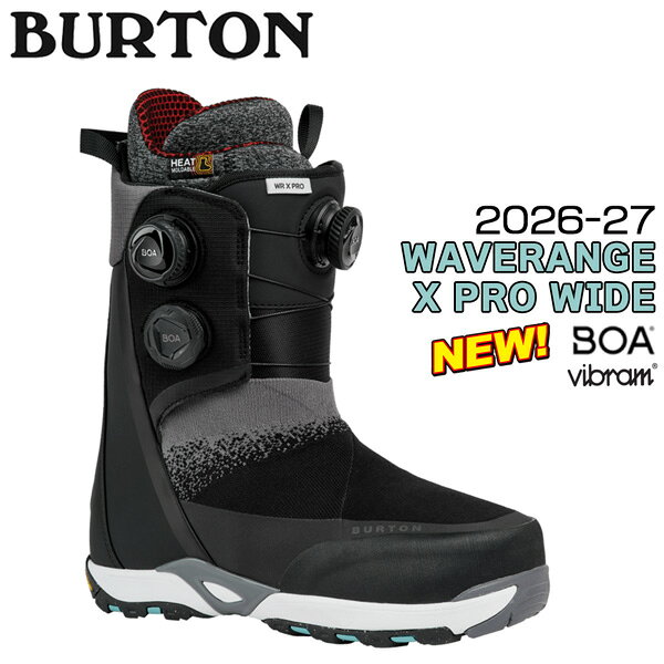 【正規代理店商品】 ●BRAND : BURTON バートン ●品　番 : 3105610A02WD ●品　名 : WAVERANGE X PRO WIDE ウェーブレンジエックスプロ ワイド ●カラー : BLACK ●サイズ : 6(24cm) 7(25cm) 7.5(25.5cm) 8(26cm) 8.5(26.5cm) 9(27cm) 9.5(27.5cm) 10(28cm) 10.5(28.5cm) 11(29.0cm) 26-27 Men's Waverange X Pro Snowboard Boots Waverange シリーズの頂点に位置する、フラッグシップモデル。 Burton BOA Triple Dial PerformFit Wrapシステムにより、足全体を均一に包み込む高精度なフィットを実現し、ライダーの入力をロスなくボードへ伝える。 ハイレスポンスな操作性と高いホールド性能を両立し、高次元のコントロール性能を発揮。 〇Waverange、ストラップにも拡張 完成したフィットの選択肢 STEP ONで先行リリースされ、大きな反響を呼んだWaverangeシリーズが、いよいよストラップブーツにもラインナップを拡大。 サーフィンのようなスムーズなライドフィールと、足との一体感を追求した設計思想はそのままに、より幅 広いスタイルに対応するコレクションへと進化した。 上位モデルのX ProとXには、アンクル部を立体的に包み込むアンクルハンモックと、足型に沿ってフィットするアシムライナーを採用。 とくにX Proは、BOA Perform FitTM Wrap によるトリプルゾーンクロージャーを搭載し、甲上部内側下部・足首の3か所を個別に調整可能。 高精度なホールド性能が、 レスポンスと安定感を一段引き上げる。 一方のXは、シンプルな構成ながらアンクルハンモックを備え、優れたフィット感とコストパフォーマンスを両立。 ライディ ングスタイルや予算に応じて選べる、 完成度の高いシリーズだ。 DETAIL: ・LINER: Asym Life Liner, DRYRIDE Heat CycleTM Lining, Hook and Loop Closure, Ankle Hammock ・SHELL: Articulating Cuff, 1:1 Firm Flex PowerUP Tongue ・LACING: Triple Zone BOA Wrap, TX3 ・OUTSOLE/CUSHIONING: EST, X Pro Flex Vibram Step On Outsole, Vibram EcoStep Plus Rubber ・Personality/Flex: 4-7 (Medium - Stiff) 26-27 BURTON WAVERANGE X PRO WIDE バートン ウェーブレンジ X プロ ワイド スノーボード ブーツ メンズ BOA トリプルBOA ワイドラスト フリーライド フリーラン カービング パウダー ビブラム Burton 2026 2027 新作