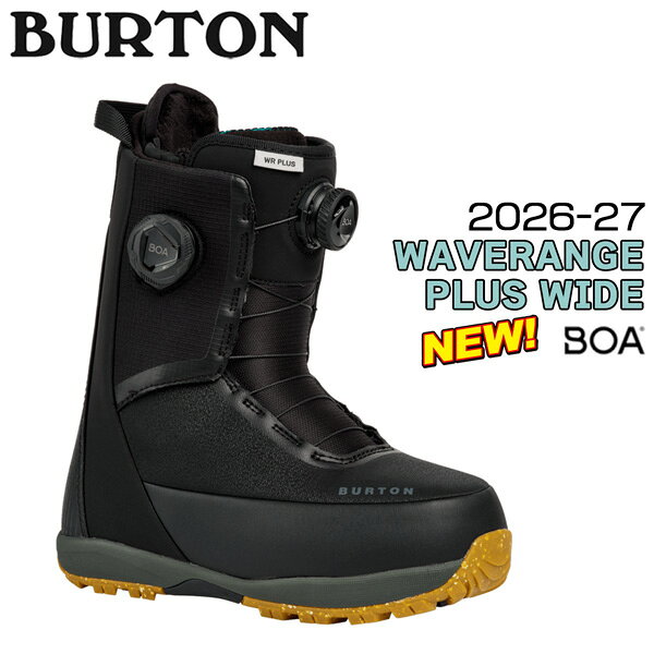 【正規代理店商品】 ●BRAND : BURTON バートン ●品　番 : 3110311A02WD ●品　名 : WAVERANGE PLUS WIDE ウェーブレンジプラス ワイド ●カラー : BLACK ●サイズ : 6(24cm) 7(25cm) 7.5(25.5cm) 8(26cm) 8.5(26.5cm) 9(27cm) 9.5(27.5cm) 10(28cm) 10.5(28.5cm) 11(29.0cm) 26-27 Men's Waverange Plus Snowboard Boots 高いコントロール性能と快適性、扱いやすいフレックス特性で幅広いライディングに対応。 Dual-Zone BOA による精密なフィット調整により、足全体を安定してホールドしながら自然な操作フィールを生み出す。 安定したパワー伝達と快適 な履き心地を両立し、 オールマウンテンでのライディングを支える設計。 Waverange、ストラップにも拡張 完成したフィットの選択肢 STEP ONで先行リリースされ、大きな反響を呼んだ Waverangeシリーズが、いよいよストラップブーツにもラインナップを拡大。 サーフィンのようなスムーズなライドフィールと、足との一体感を追求した設計思想はそのままに、より幅広いスタイルに対応するコレクションへと進化した。 DETAIL: ・LINER: Imprint 3 Liner, Plush Cuff 1.0, 3M Thinsulate Insulation, Hook and Loop Closure, Focus Cuff ・SHELL: 1:1 Firm Flex PowerUP Tongue ・LACING: Dual Zone Boa, TX3 ・OUTSOLE/CUSHIONING: EST, Burton Recycled Content Rubber ・Personality/Flex: 3-6 (Soft - Medium) 26-27 BURTON WAVERANGE PLUS WIDE バートン ウェーブレンジ プラス ワイド スノーボード ブーツ メンズ BOA ワイドフィット オールマウンテン フリーライド フリーラン カービング 2026 2027