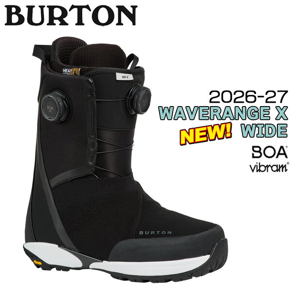 【正規代理店商品】 ●BRAND : BURTON バートン ●品　番 : 3110410A02WD ●品　名 : WAVERANGE X WIDE ウェーブレンジエックス ワイド ●カラー : BLACK ●サイズ : 6(24cm) 7(25cm) 7.5(25.5cm) 8(26cm) 8.5(26.5cm) 9(27cm) 9.5(27.5cm) 10(28cm) 10.5(28.5cm) 11(29.0cm) 26-27 Men's Waverange X　Snowboard Boots 高いコントロール性能に扱いやすいフレックス特性を組み 合わせたハイパフォーマンスモデル。 進化したDual-Zone BOA システムに加え、アンクルハンモックを搭載。 足全体 をバランス良く包み込み、 素早いフィット調整が可能。 安定したパワー伝達とスムーズな操作感でフリースタイルから オールマウンテンまで幅広く対応。 〇Waverange、ストラップにも拡張 完成したフィットの選択肢 STEP ONで先行リリースされ、大きな反響を呼んだWaverangeシリーズが、いよいよストラップブーツにもラインナップを拡大。 サーフィンのようなスムーズなライドフィールと、足との一体感を追求した設計思想はそのままに、より幅 広いスタイルに対応するコレクションへと進化した。 上位モデルのX ProとXには、アンクル部を立体的に包み込むアンクルハンモックと、足型に沿ってフィットするアシムライナーを採用。 とくにX Proは、BOA Perform FitTM Wrap によるトリプルゾーンクロージャーを搭載し、甲上部内側下 部・足首の3か所を個別に調整可能。 高精度なホールド性能が、 レスポンスと安定感を一段引き上げる。 一方のXは、シンプルな構成ながらアンクルハンモックを備え、優れたフィット感とコストパフォーマンスを両立。 ライディ ングスタイルや予算に応じて選べる、 完成度の高いシリーズだ。 DETAIL: ・LINER: Aysm ImprintTM 3, DRYRIDE Heat CycleTM Lining, Hook and Loop Closure, Ankle Hammock ・SHELL: Articulating Cuff, 1:1 Firm Flex PowerUP Tongue ・LACING: Dual Zone BOA w/ Internal Hammock, TX3 ・OUTSOLE/CUSHIONING: EST, X Flex Vibram Step One Outsole. Vibram EcoStep Rubber ・Personality/Flex: 3-6 (Soft-Medium) 26-27モデル BURTON バートン WAVERANGE X WIDE ウェーブレンジ X ワイド スノーボード ブーツ メンズ ワイド 幅広 BOA デュアルBOA フリーライド カービング オールマウンテン ミディアムハード 2026 2027