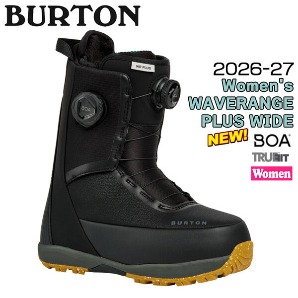 【正規代理店商品】 ●BRAND : BURTON バートン ●品　番 : 3110511A02WD ●品　名 : Women's WAVERANGE PLUS WIDE ウィメンズ ウェーブレンジ プラス ワイド ●カラー : BLACK ●サイズ : 5(22cm) 5.5(22.5cm) 6(23cm) 6.5(23.5cm) 7(24cm) 7.5(24.5cm) 8(25cm) 8.5(25.5cm) 26-27 Women's Waverange Plus Snowboard Boots 正確なフィットと安定したコントロール性能を両立する、Waverangeシリーズのウィメンズ・パフォーマンスモデル。 Dual-Zone BOA による緻密な締め分けにより、足全体を包み込むようなホールド感を実現しながら、自然な可動性も確保する。 Waverange、ストラップにも拡張 完成したフィットの選択肢 STEP ONで先行リリースされ、大きな反響を呼んだ Waverangeシリーズが、いよいよストラップブーツにもラインナップを拡大。 サーフィンのようなスムーズなライドフィールと、足との一体感を追求した設計思想はそのままに、より幅広いスタイルに対応するコレクションへと進化した。 DETAIL: ・LINER: Imprint 3 Liner, Plush Cuff 1.0, 3M Thinsulate Insulation, Hook and Loop Closure, Focus Cuff ・SHELL: 1:1 Firm Flex PowerUP Tongue ・LACING: Dual Zone Boa, TX3 ・OUTSOLE/CUSHIONING: EST, Burton Recycled Content Rubber ・Personality/Flex: 3-6 (Soft - Medium) 26-27 BURTON W WAVERANGE PLUS WIDE バートン ウィメンズ ウェーブレンジ プラス ワイド スノーボード ブーツ レディース ワイド BOA オールマウンテン フリーライド フリーラン カービング パウダー 女性用 2026 2027 新作
