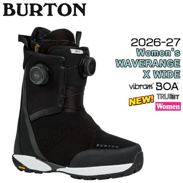 【正規代理店商品】 ●BRAND : BURTON バートン ●品　番 : 3110610A02WD ●品　名 : Women's WAVERANGE X WIDE ウィメンズ ウェーブレンジエックス ワイド ●カラー : BLACK ●サイズ : 5(22cm) 6(23cm) 6.5(23.5cm) 7(24cm) 7.5(24.5cm) 8(25cm) 8.5(25.5cm) 26-27 Women's Waverange X Snowboard Boots 高いコントロール性能と快適性に、扱いやすいフレックス特性を組み合わせたウィメンズ・ハイパフォーマンスモデル。 進化した Dual-Zone BOAシステムに加え、アンクルハンモックを搭載することで、 足首周りのホールド力と一体感を強化。 〇Waverange、ストラップにも拡張 完成したフィットの選択肢 STEP ONで先行リリースされ、大きな反響を呼んだWaverangeシリーズが、いよいよストラップブーツにもラインナップを拡大。 サーフィンのようなスムーズなライドフィールと、足との一体感を追求した設計思想はそのままに、より幅 広いスタイルに対応するコレクションへと進化した。 上位モデルのX ProとXには、アンクル部を立体的に包み込むアンクルハンモックと、足型に沿ってフィットするアシムライナーを採用。 とくにX Proは、BOA Perform FitTM Wrap によるトリプルゾーンクロージャーを搭載し、甲上部内側下 部・足首の3か所を個別に調整可能。 高精度なホールド性能が、 レスポンスと安定感を一段引き上げる。 一方のXは、シンプルな構成ながらアンクルハンモックを備え、優れたフィット感とコストパフォーマンスを両立。 ライディ ングスタイルや予算に応じて選べる、 完成度の高いシリーズだ。 DETAIL: ・LINER: Aysm Imprint 3, Plush Cuff 1.0, DRYRIDE Heat Cycle Lining, Hook and Loop Closure, Ankle Hammock ・SHELL: Articulating Cuff, 1:1 Firm Flex PowerUP Tongue ・LACING: Dual Zone BOA w/ Internal Hammock, TX3 ・OUTSOLE/CUSHIONING: EST, X Flex Vibram Step On Outsole, Vibram EcoStep Rubber ・Personality/Flex: 3-6 (Soft - Medium) 26-27 BURTON W WAVERANGE X WIDE バートン ウィメンズ ウェーブレンジ X ワイド スノーボード ブーツ レディース ダブルBOA ワイドフィット フリーラン カービング パウダー オールマウンテン 女性用 2026 2027 新作
