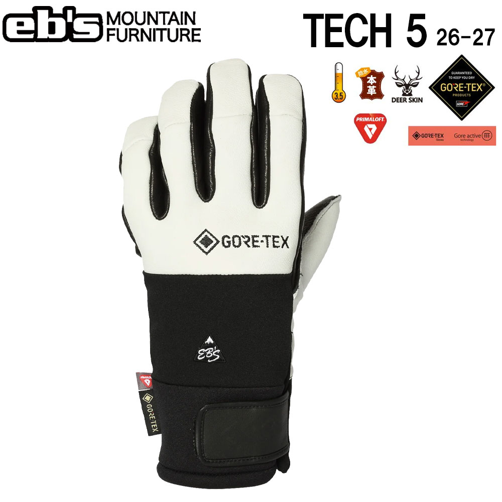 【正規代理店商品】 ●BRAND : EB'S エビス ●品 番 : 4600014 ●品 名 : TECH 5 テックファイブ ●カラー : WHITE ●サイズ：S/ M/ L/ XL 4600014 / テックファイブ 卓越した柔らかさを持つディアスキンを手の平に使い やすさ、握りやすさを追求したファイブフィンガーグローブ 抜群の柔らかさを持つディアスキンを手の平に使用。 動かしやすさ、握りやすさを追求した パターンにアップデートした5本指モデル 〇手の甲はストレッチ性のある素材、指は本革。 〇手の平、マチはしっとりなめらかで柔らかく通気性に優れるディアスキン。 〇中綿は「primaloft」で保温力抜群。 〇グローブインサートは最高の防水性、透湿性を持つ「GORE-TEX」。 〇グローブリーシュ標準装備。 EBS エビス TECH 5 テック5 26-27 2026 2027 スノーボード グローブ スノーグローブ 防寒 スノーギア メンズ レディース ウィンタースポーツ 雪山用品 スノーボード用品 スキー 手袋 防寒具 スノーボードギア ウィンターグローブ スノーアクセサリー