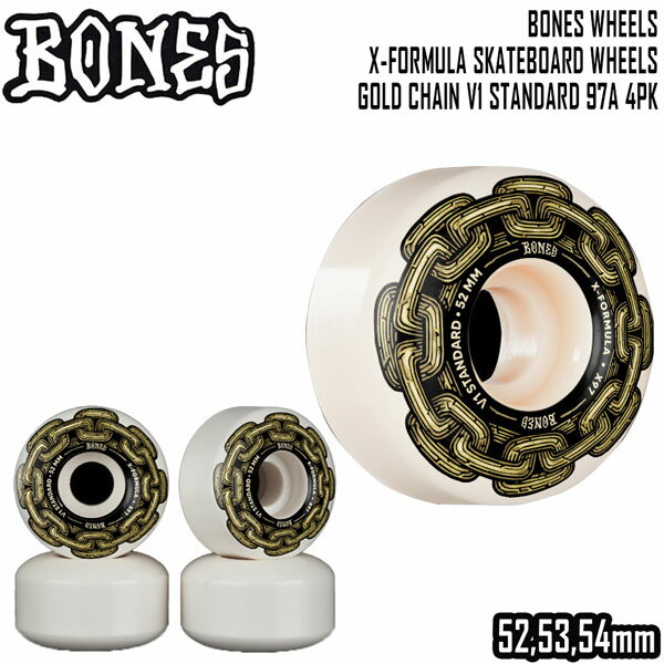 STREET X-Ninety-Seven 52x31 V1 Standard X-Formula 97a white Wheel Core/None Wheel Diameter/52,53,54mm Wheel Width/(52,53)31mm / (54)32mm Wheel Hardness/97a Wheel Formula/XF Wheel Color/White Wheel Suggested Use /Street Wheel Surface/Smooth Wheel Shape/V1 【正規取り扱い店】 ●BRAND：BONES(ボーンズ) ●品　番：HASCO33222309 ●品　名：X-FORMULA GOLD CHAIN 52〜54mm 　　　　　97A V1 STANDARD 4個set ●size : 52,53,54 ※商品写真の色は、OS、ブラウザ、ディスプレイ、 などにより実際のものとは多少異なる場合があります。 ご了承の上ご購入ください。