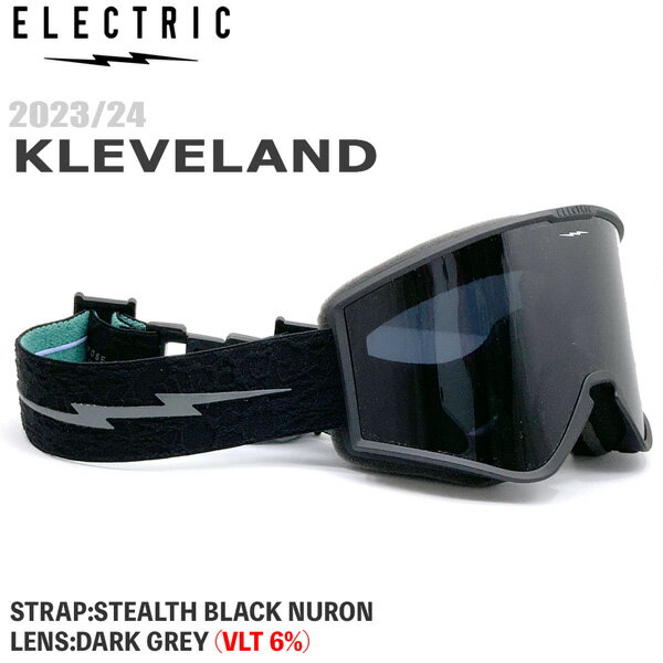 THE KLEVELAND 世界的スノーボーダー Marcus Klevelandとの行動開発。 ELECTRICで最初のシグネチャーゴーグル KLEVELANDは少ないフレーム面積で 広い周辺視野が特徴です。 【正規代理店商品】 ●BRAND：ELECTRIC(エレクトリク) ●品　番：ELC-24KSD ●モデル：KLEVELAND ●品　名：STEALTH BLACK NURON ●レンズ(VLT)：DARK GREY ●FEATURES LENS ・熱成型シリンドリカルレンズ ・防曇、キズ防止ハードコーティング ・100％UVカット ・広い周辺視野 FRAME ・モールドインジェクテッドバイオレジン使用TPU軽量フレーム ・人間工学に基づいたフレームデザイン ・三層構造フェイスフォーム ・通気性に優れたフォームベンチレーション SUSTAINABILITY ・バイオレジンTPUフレーム ・Sorona製バイオファイバーストラップ ・ペットボトルリサイクル素材、Repreveから作られた マイクロファイバーゴーグルケース付き ・リサイクル梱包材使用 GERERAL ・ヘルメット対応 ・眼鏡の上からでも着用可能(OTG) ・バックルストラップ ・ユニセックス SIZE ・100mm H x 165mm W x 80mm D ・115g ※可視光線透過率(VLT)は、多少の誤差が生じる場合が御座います。 ※商品写真の色は、OS・ブラウザ・ディスプレイ等 により実際のものとは多少異なる場合があります。 ご了承の上ご購入ください。