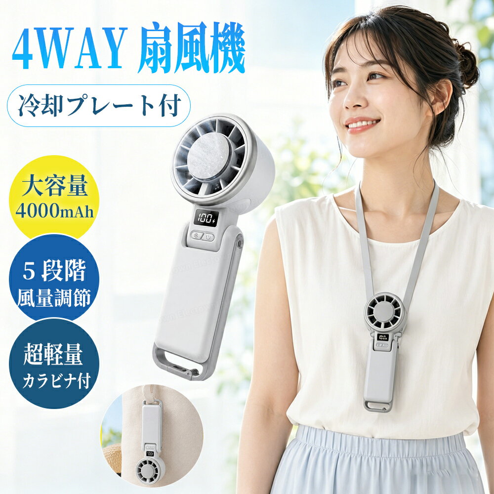 首掛けファン 冷却プレート付き ハンディファン 手持ちファン 冷風ファン 4000mAh 携帯扇風機 5段階風量 USB充電式 LED残量表示 手持ち扇風機 カラビナ付き 卓上ファン 小型ファン 軽量 冷感 扇風機 暑さ対策