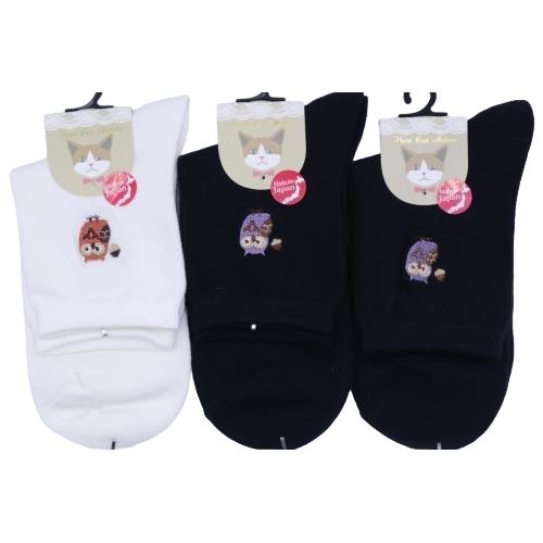 【送料無料】 シロ、クロx2足　(22-24cm)(フクロウの刺繍)(3足セット)みっとめるへん社