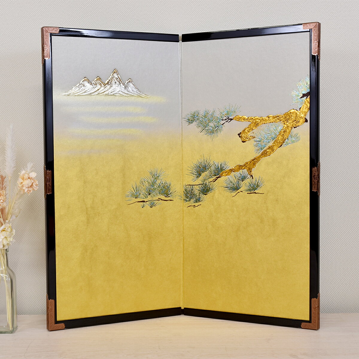 屏風 単品 雛人形 2曲 18号 金屏風 ひな人形 横幅約50cm 祝い 五月人形 破魔弓 羽子板 結納 お茶 パーテーション インテリア 玄関 箱付き コンパクト お茶時 和風 おしゃれ ミニ