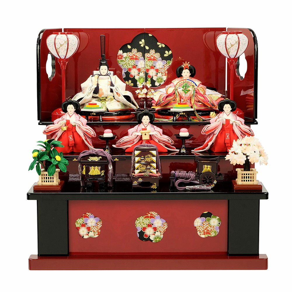 雛人形 収納飾り 三段飾り ひな人形 お祝い 収納式 三段飾り 3段飾り 五人飾り 5人飾り かわいい おしゃれ 可愛い コンパクト mini 赤黒塗木製段飾り