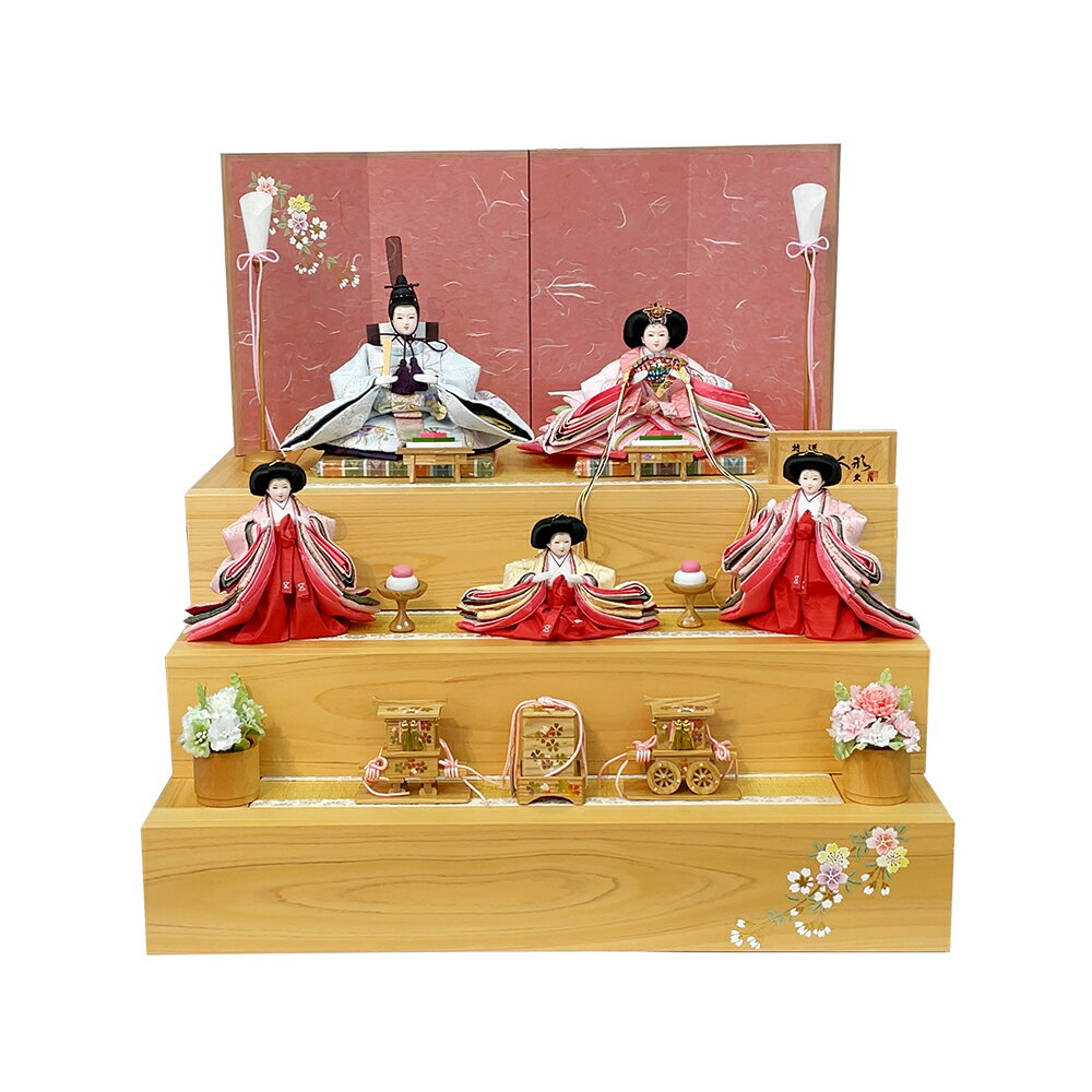 雛人形 久月 ひな人形 お祝い コンパクト 収納飾り 五人飾り 三段飾り 桧 木目 ナチュラル ピンク おしゃれ モダン かわいい チNo.27 2025