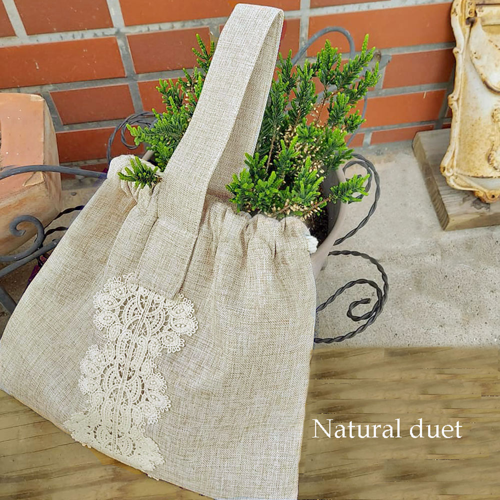 ai 即納　otona 　巾着バッグ　リネンタッチ コットンレース スマホ　と　財布　が入る おしゃれ 可愛い 高級感 エレガント リネン 麻 結婚祝い　贈り物 プレゼント 雑貨 軽量 軽い　エスニック　アジアン　レース　布製　バッグ　軽い　洗える