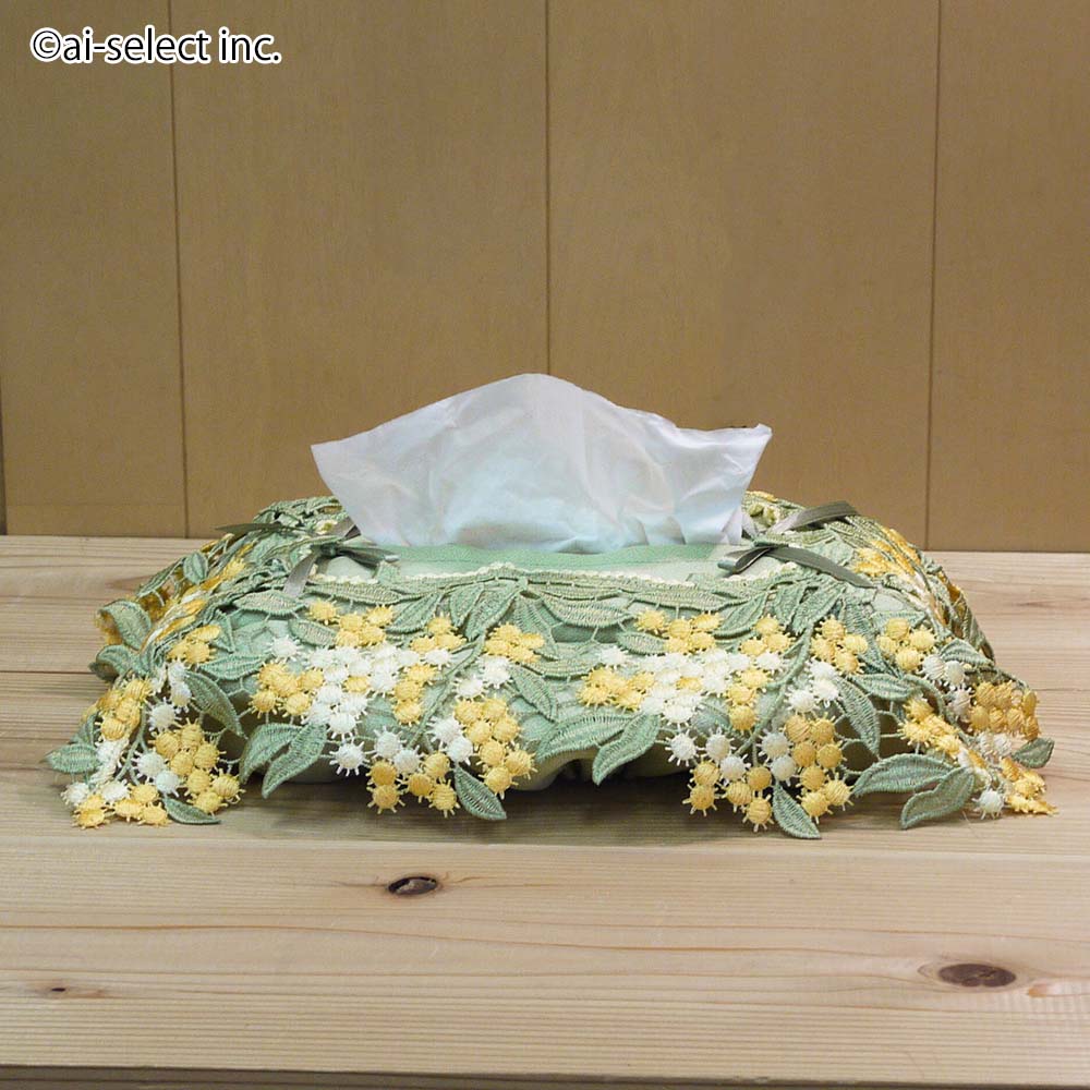 ai ティッシュカバー 即納 ミモザ 人気 ティッシュケース おしゃれ イエロー 花 ゴージャス リビング 寝室 洗面所 エレガント 綺麗  お部屋のアクセント 高級 付け外しが簡単 上品 ナチュラル 毎日の生活 ちょっと贅沢 かわいい 北欧 カットワーク 撥水加工 [2]