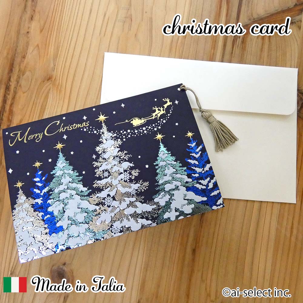 New イタリア製 クリスマスカード タッセル付き 豪華 おしゃれ 映える ネイビー 輸入文具 エンボス 箔..