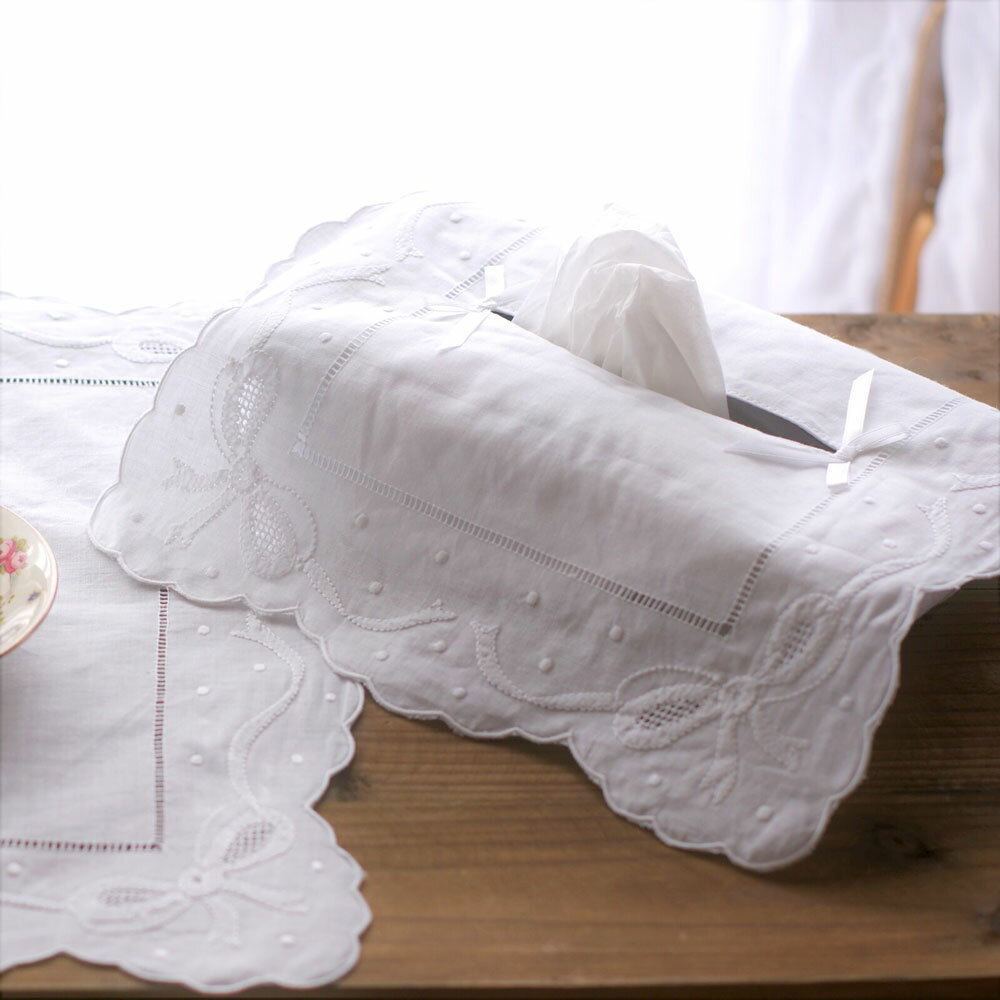 ai 即納 ホワイトリネン ティッシュカバー リボン ドローンワーク 刺繍 価格以上に上質 綺麗 おしゃれ ティッシュボックスカバー フレンチ カントリー インテリア に 真っ白 天然素材 シンプル ナチュラル