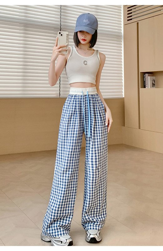 ワイドパンツ レディース ギンガムチェック ストレートパンツ 夏 ズボン カジュアル ボトムス ウエストゴム 薄手 ルームウェア ロングパンツ ゆったり 可愛い 春 夏 秋